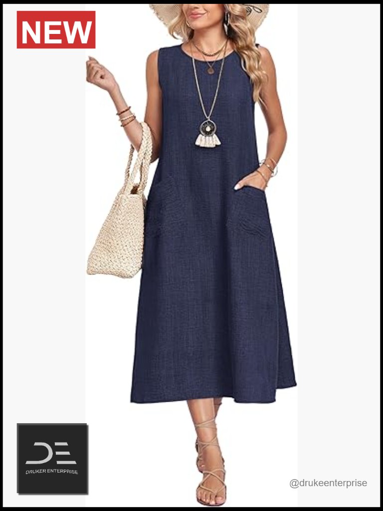 Sleeveless Crewneck Midi Sundress With Pockets, Polyester, Casual, Beach, Travel